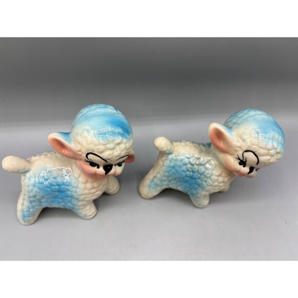 Vtg Set of 2 Ceramic Blue White Lamb Figurines‎ Pair Nursery Decor Baby - Picture 2 of 10